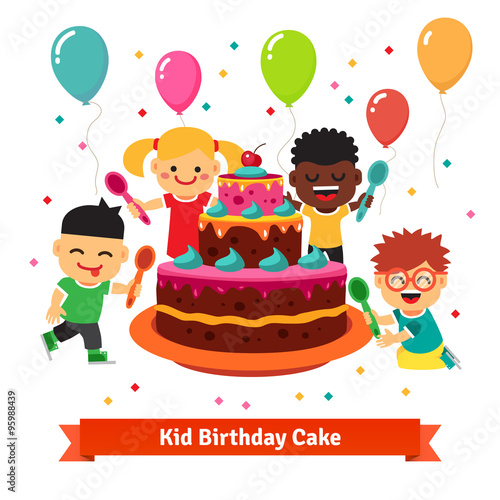 Happy smiling celebrating kids with birthday cake