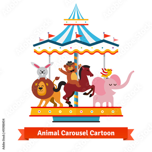 Funny cartoon animals riding on carnival carousel