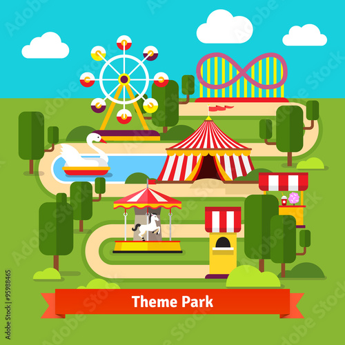 Amusement park map, ferris wheel, roller coaster