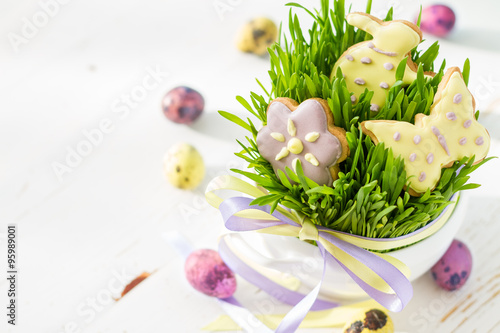 Easter cookies and eggs with grass