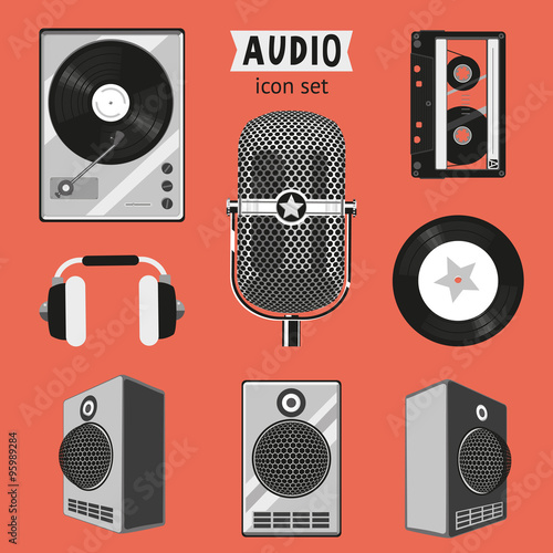 Audio icon set. Isolated vintage audio equipment collection.