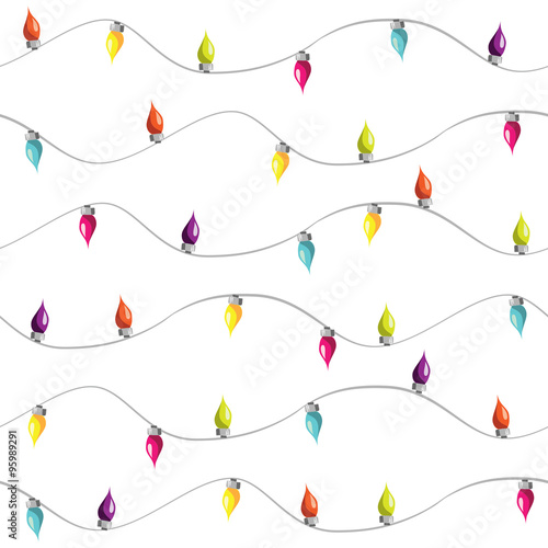 Christmas tile background with electric lamp garland. Seamless New Years party pattern. Decorative warping paper with glowing bulbs garland. Illustrated holiday backdrop