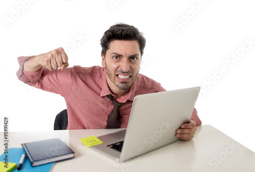 Fotografija businessman at office working stressed on computer laptop overworked throwing pu