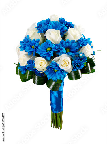 Wedding bridal bouquet. Cream roses and blue chrysanthemum. Isolated. photo