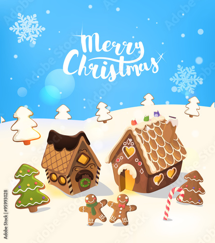 Cristmas Background with gingerbread house, christmas tree, and little men, Vector.