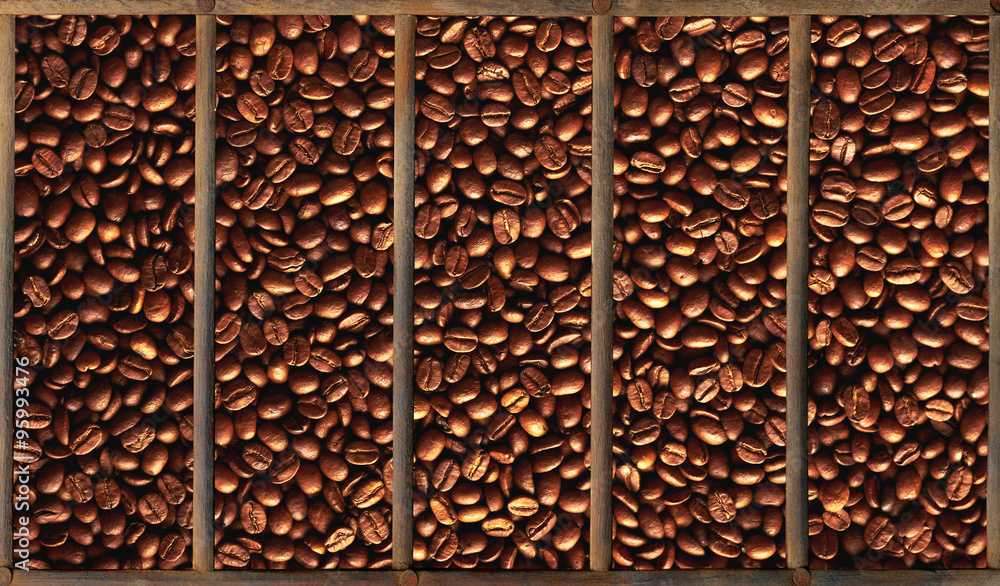 Coffee beans in wooden box close-up Coffee beans in wooden box close-up