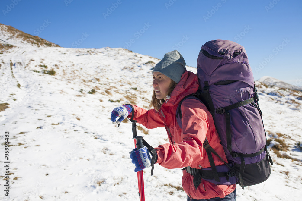 Fototapeta premium Active girl with a backpack.