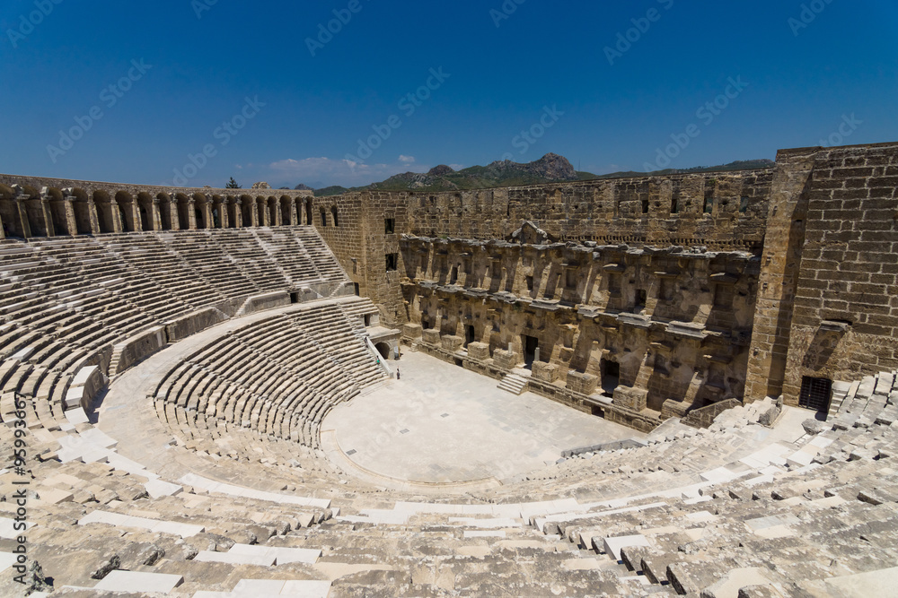 The Roman ancient theater in Aspendos. The province of Antalya. Mediterranean coast of Turkey.