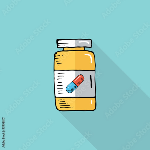 Hand drawn bottle with medical pills. Tablets symbol. Health care. Vector illustration.