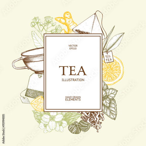 Vector card design with hand drawn tea illustration. Decorative inking background with vintage tea sketch. Sketched template