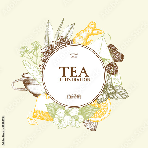 Vector card design with hand drawn tea illustration. Decorative inking background with vintage tea sketch. Sketched template