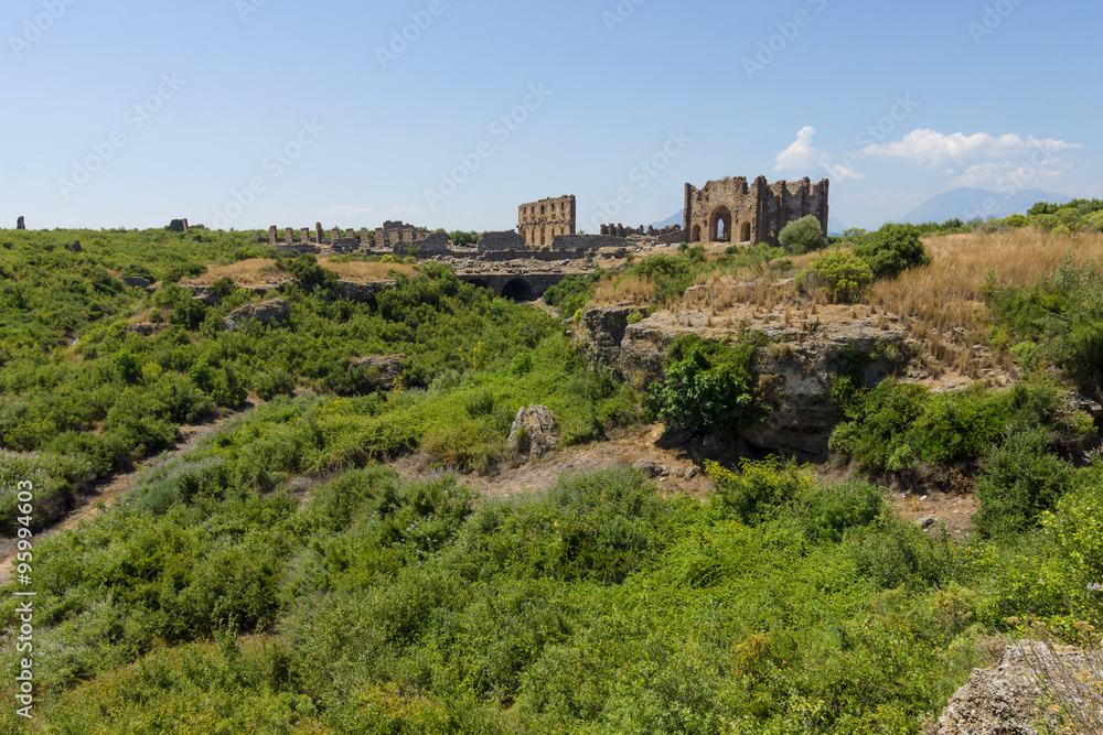 Ancient ruins of Aspendos. In the background. Basilica. Turkey.