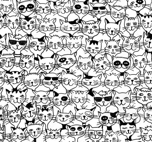 Seamless Pattern / Hintergrundmuster mit handgezeichneten Katzen (schwarzweiß)