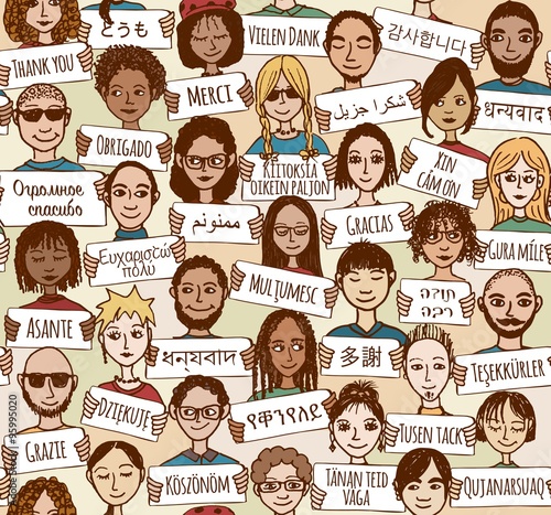 Hand gezeichnete Leute mit Danke-Schildern in verschiedenen Sprachen (seamless pattern / Hintergrundmuster)