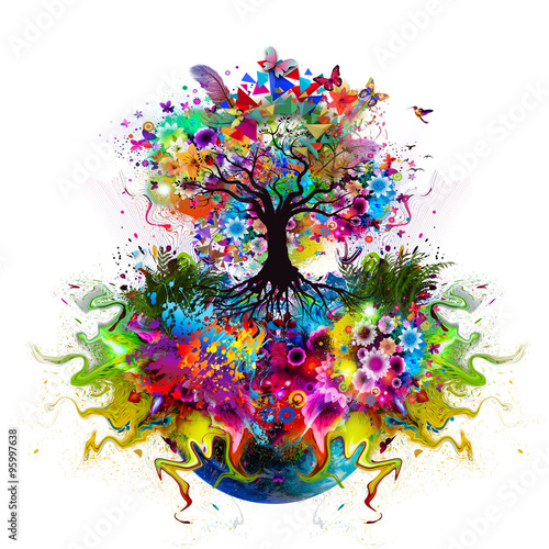 абстрактное Дерево с корнями и бабочками