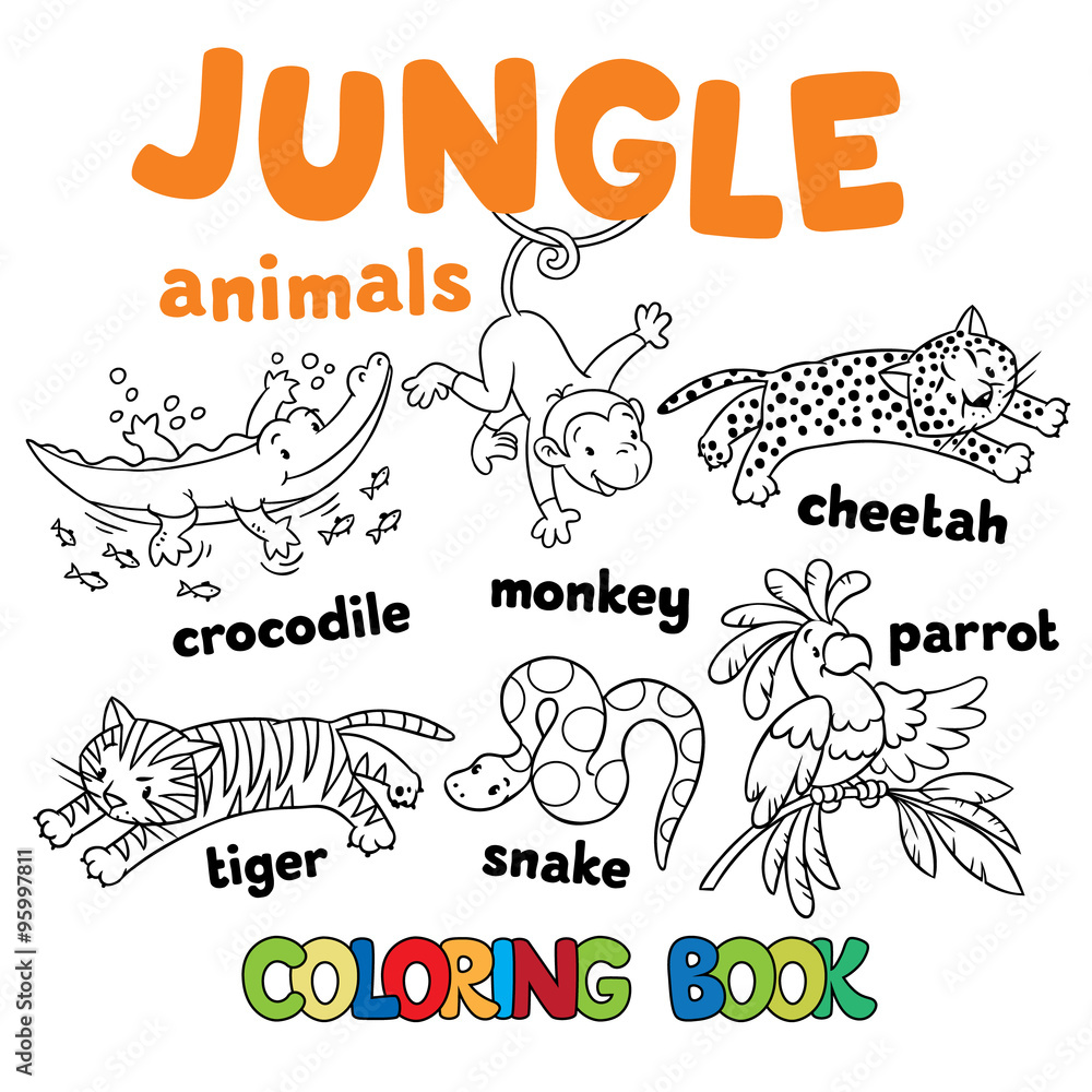 Set of funny jungle animals coloring book