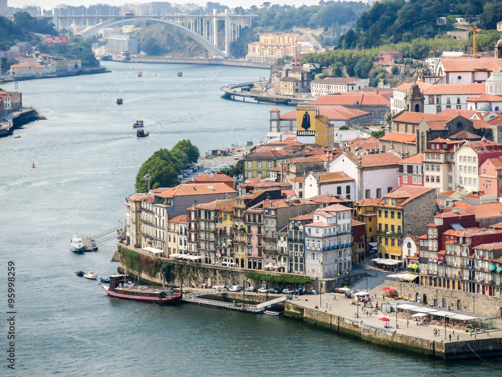 View of Douro River and  historic old town Ribeira from hill of Mosteiro da Serra do Pilar in Gaia, Porto, Portugal