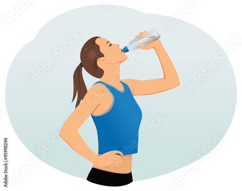 Attractive young woman is drinking water from a plastic bottle. Fitness and health.