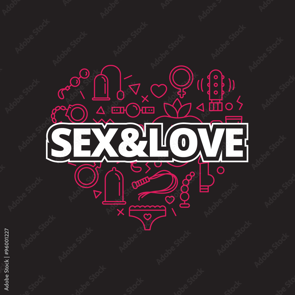 Vector sex shop icons in shape of heart. Trendy two color line style love symbols