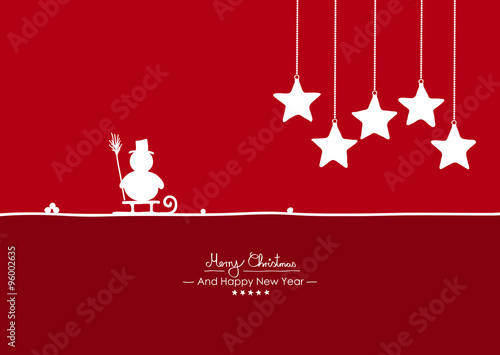 Rote Vektor Grußkarte für Weihnachten und Neujahr- Merry Christmas - Happy New Year - Jahreswechsel. Weihnachtskarte mit Schneemann auf Schlitten und hängenden Sternen. Weiße Silhouetten, Shapes.
