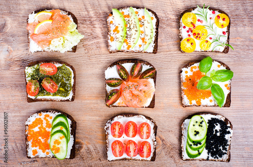 Background of Nordic open sandwiches. Background of scandinavian open sandwiches.