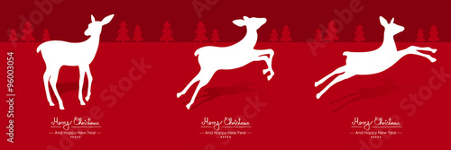 Rote Vektor Grußkarten Serie - 3er Set für Weihnachten und Neujahr- Merry Christmas - Happy New Year - Jahreswechsel. Bewegungssequenz, Sprung, Sequenz, Bewegung, Animation für Rehkitz, Reh. X-Mas.
