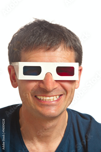 Portrait man in 3d glasses on white background