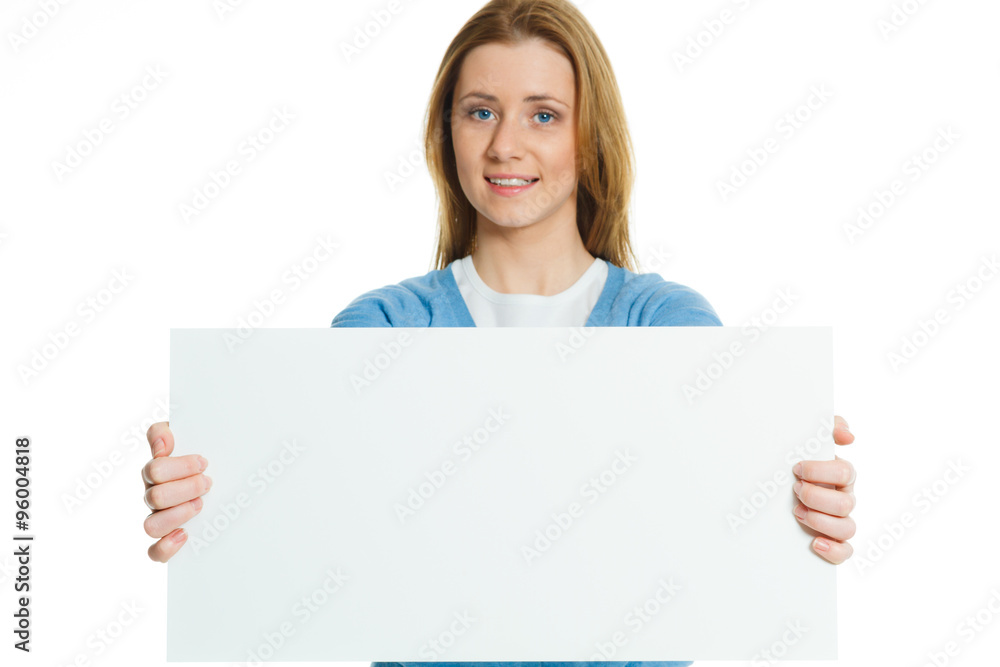 attractive young woman with blank ad banner attractive young woman with blank ad banner