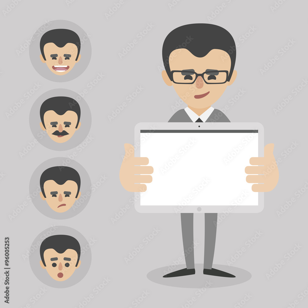 a black hair office worker with glasses in various poses for use in advertising, presentations, brochures, blogs, documents and forms. vector illustration on grey background