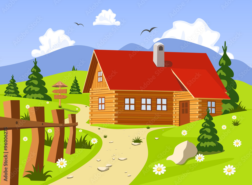 Naklejka premium Chalet in Summer, Vector Illustration