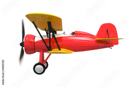 Tablou pe pânză Side view of red and yellow biplane isolated on white background