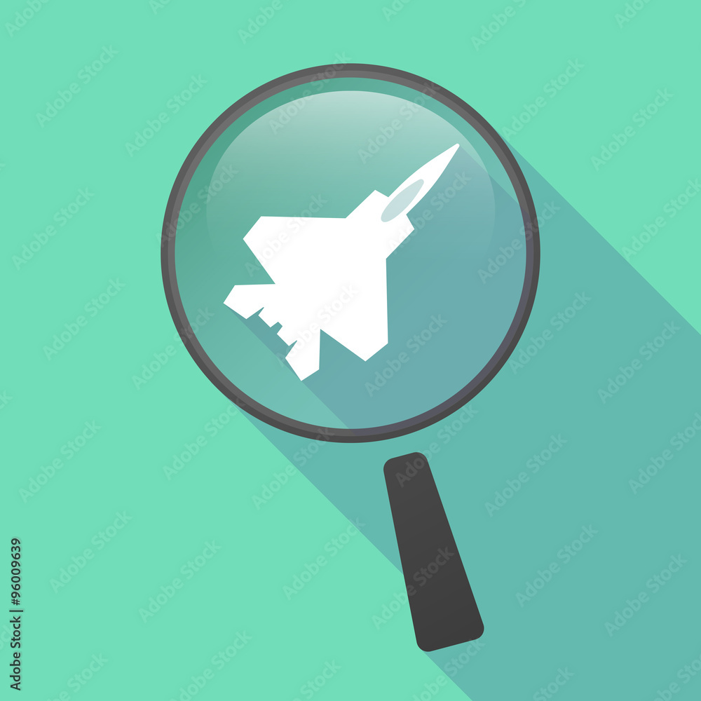 Foto Long shadow magnifier vector icon with a combat plane
