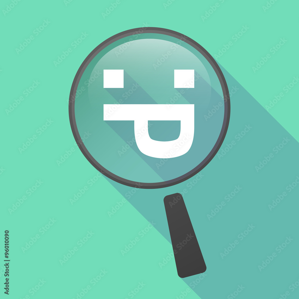 Long shadow magnifier vector icon with a sticking out tongue tex Long shadow magnifier vector icon with a sticking out tongue tex