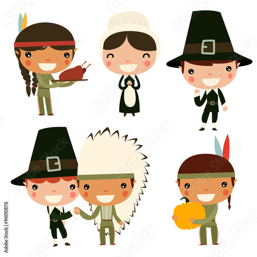 thanksgiving kids. Cute native americans and colonists.