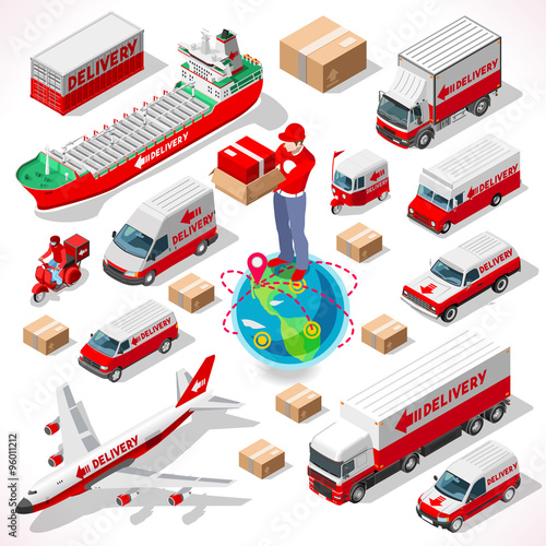 Isometric Worldwide Express Delivery Concept 3D Flat Illustration Logistic Transportation Icon Set Logistics Service Vehicles Fleet truck Airplane Object Shipment Fast Vector Infographic App Image 