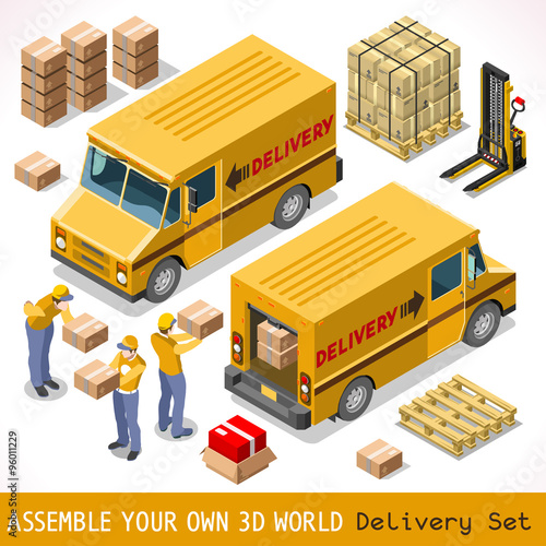 Delivery Service Chain Elements Collection. Pallet 3D Flat Vector Isometric Vehicle Icon Set. Box Pack worldwide shipping carry Courier man of Postal Yellow Van Car Express Product home Shop Transport