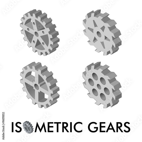 Set of four isometric gears isolated on a white background.