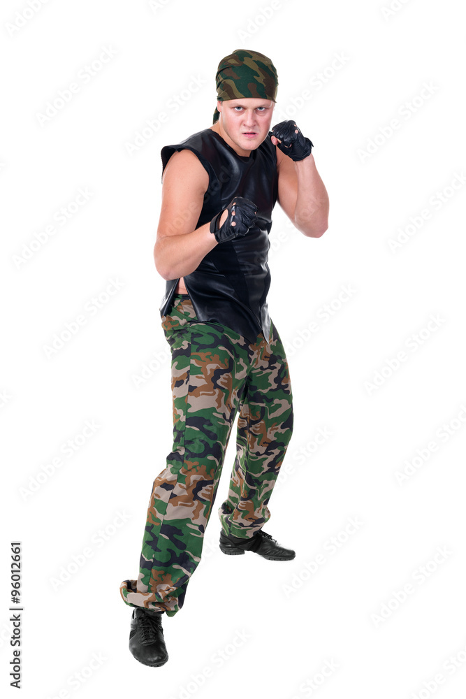 Man dressed soldier posing in front fighter isolated on white Man dressed soldier posing in front fighter isolated on white