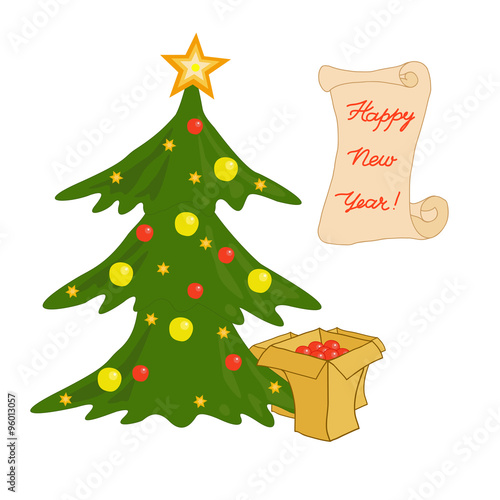 Festively decorated Christmas tree and boxes with gifts.