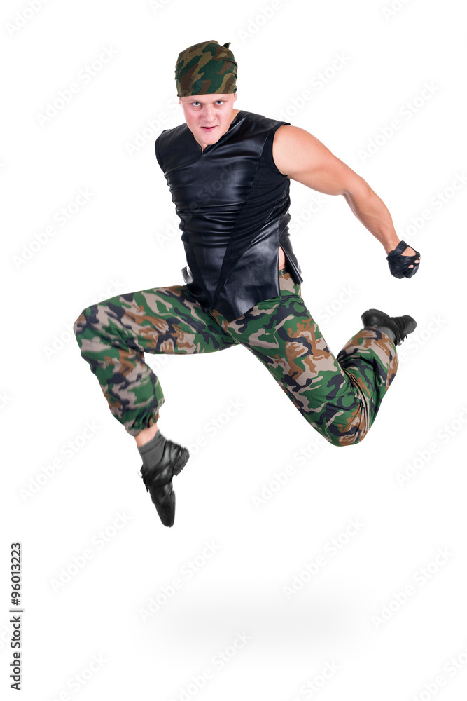 dancer dressed soldier jumping