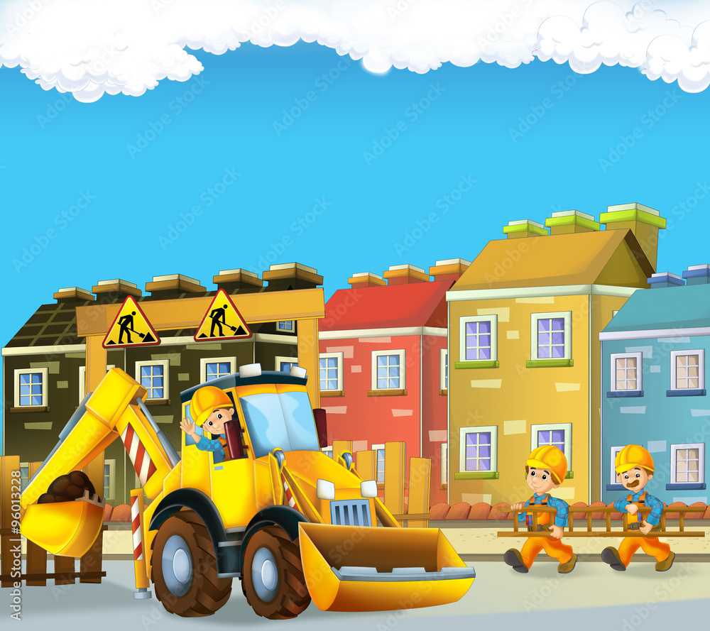 Cartoon scene of men working in the city - entrance - construction site - illustration for children