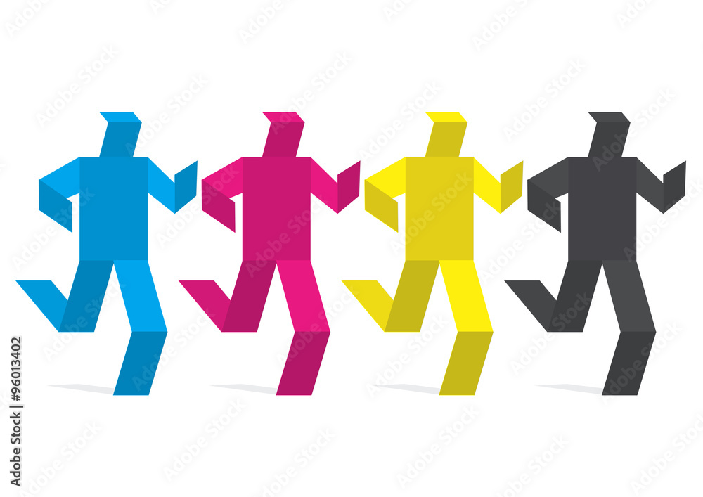 Paper figures colored in print colors. Four running colored figures in ...