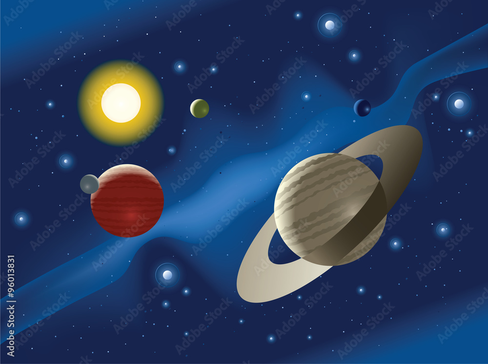 Naklejka premium Planets orbiting a star in outer space including a ringed planet.