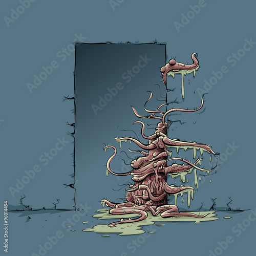 Cartoon of creepy, slime-covered monster tentacles creeping around the corner of a doorway.