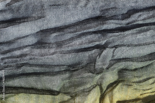 Rippled textile background.
Close-up of woven fiber texture dyed in black and golden brown.
gray and green.