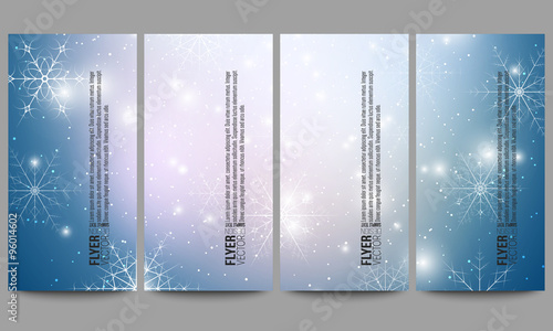 Set of modern flyers. Blue abstract winter background. Christmas vector style with snowflakes