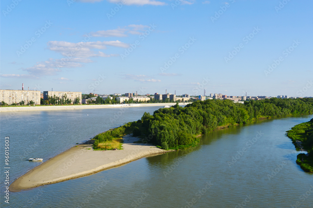 Top view Irtysh river and sand bar, panorama city on back plane, Omsk, Russia