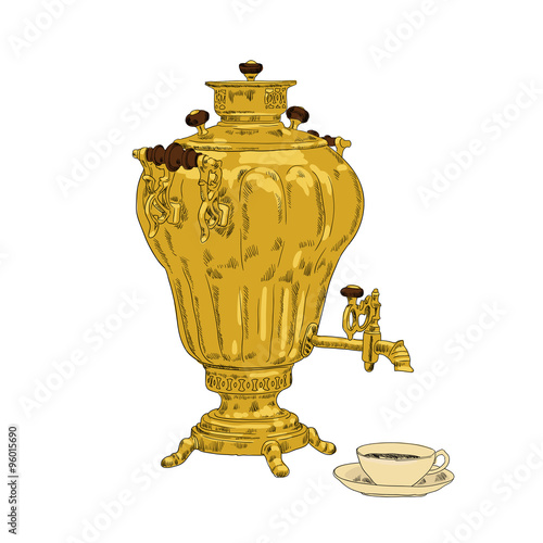 Hand drawn samovar, russian traditional tea party vector illustration