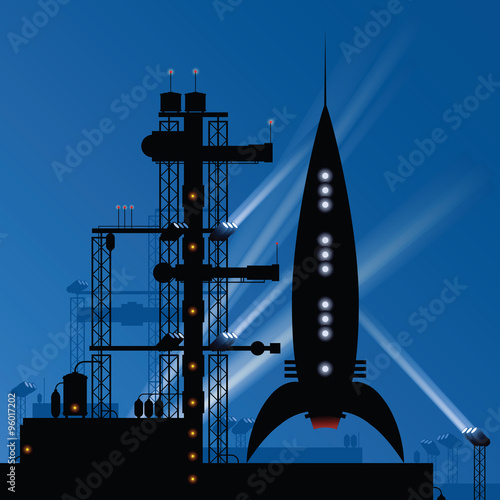A retro cartoon rocket silhouette on a launch pad, preparing to blast off to outer space. 