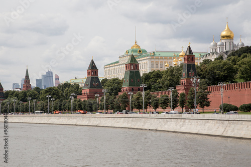 Moscow Kremlin and Moskva river in Russia - in the background the business center of Moscow, Russia.